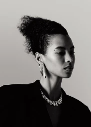 Black and white portrait of a woman wearing a black jacket and metallic jewellery against a light background.