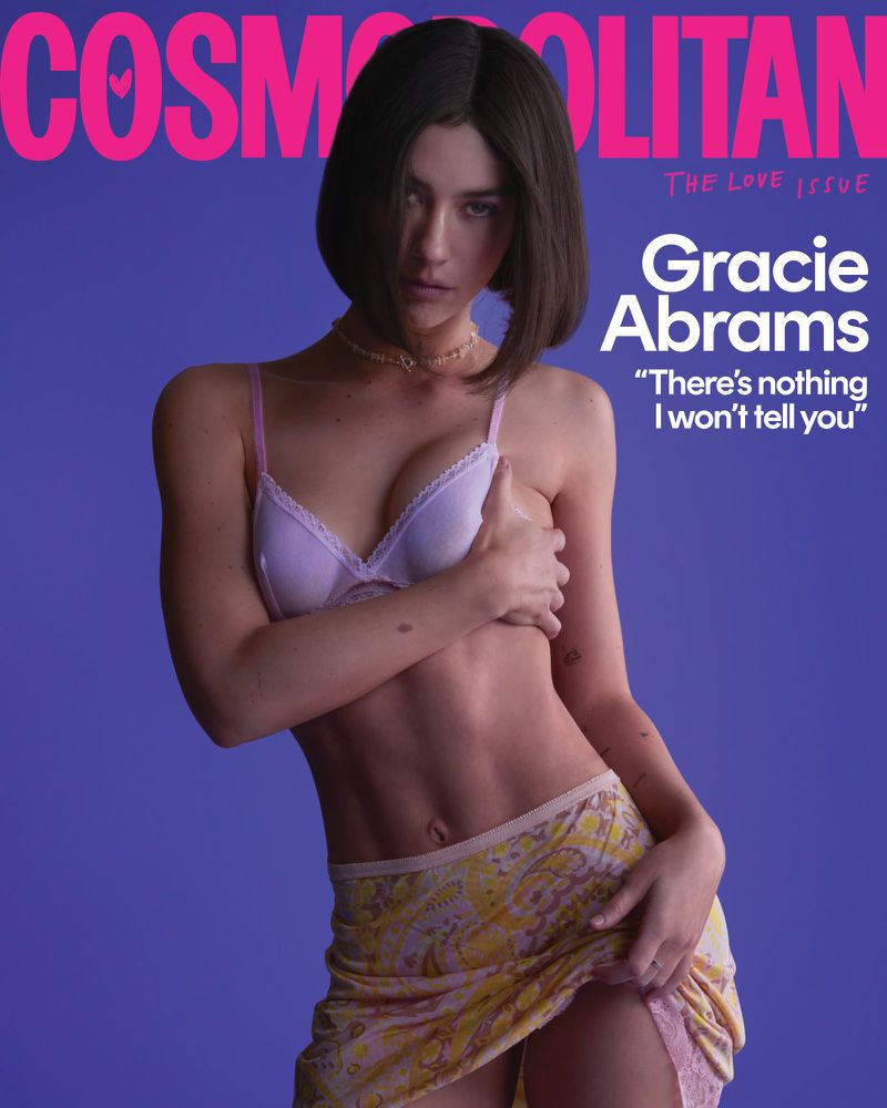 Cosmopolitan magazine cover featuring Gracie Abrams in lingerie and mini skirt, posing against a purple background with bold text overlays.