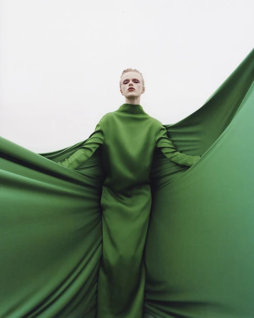 Fashion shot of a model in an emerald green dress with outstretched arms, set against a bright white sky and grassy field.
