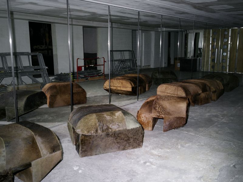 Indoor space featuring multiple upholstered benches with light and dark brown fabric under reflective mirrors, with metal structures in the background.