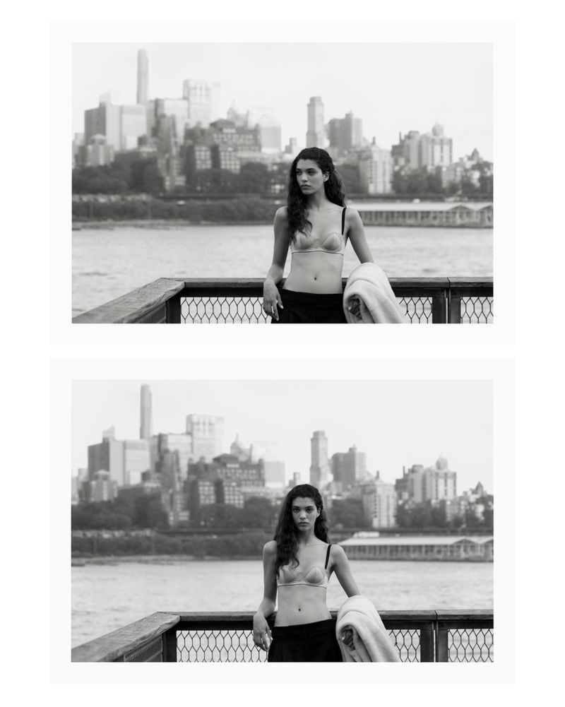 Monochrome diptych of model Marina Moioli wearing a bralette at a waterfront railing with a city skyline behind her.