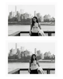 Monochrome diptych of model Marina Moioli wearing a bralette at a waterfront railing with a city skyline behind her.