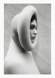 Model wearing a sculptural hooded garment in profile view against a plain textured background