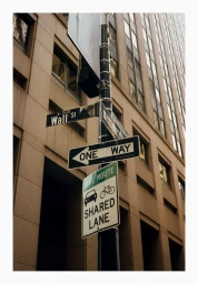 Street pole with Wall Street, One Way, and Bike Route Shared Lane signs against tall urban buildings in New York City.