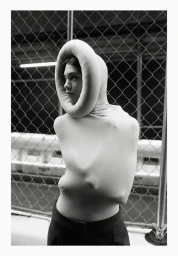 Model wearing a sculpted hooded garment against a chain-link fence for Vogue Polska editorial project NYC.
