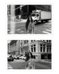 Black and white diptych of model Marina Moioli standing on a New York City street wearing a belted sleeveless dress.