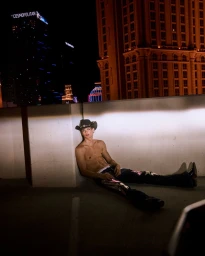 Shirtless man wearing cowboy hat and dark trousers leaning against a concrete wall at night in Las Vegas