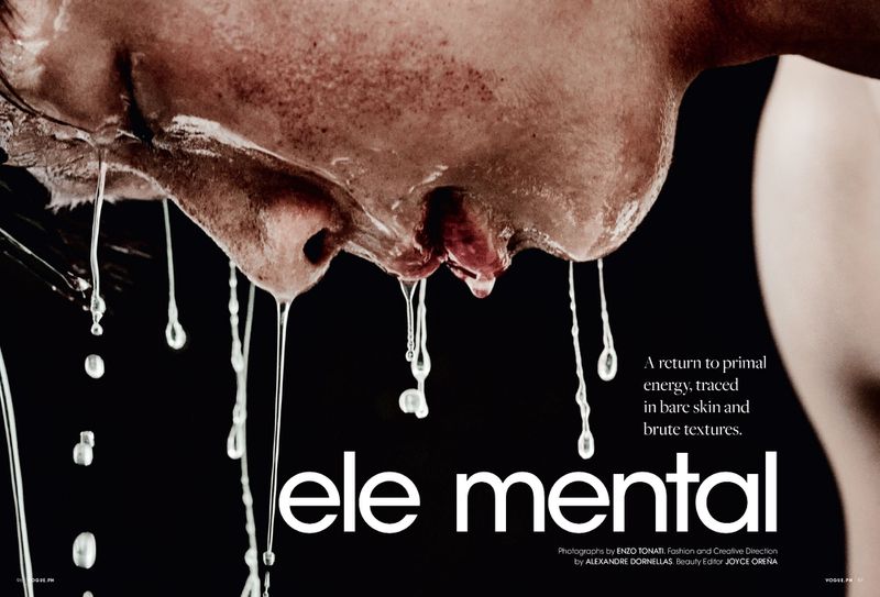Extreme close-up of a face with water droplets clinging to skin, set against a stark black background in a beauty editorial.