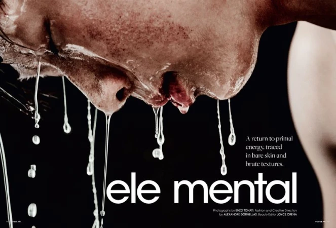 Extreme close-up of a face with water droplets clinging to skin, set against a stark black background in a beauty editorial.
