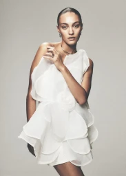 Model wearing a sculptural white floral dress against a neutral grey seamless background for Grazia International.