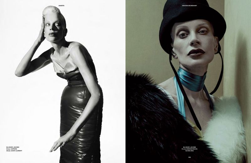 Fashion editorial with a pale woman in a black dress against a white background and another woman in a hat with fur collar.