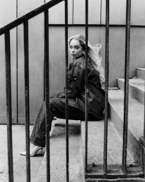 Black and white portrait of Jorja Smith seated on concrete stairs, viewed through vertical metal railing bars.