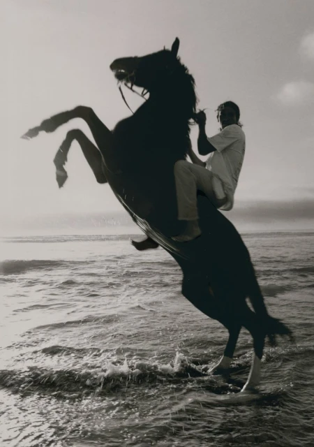 A man rides a rearing dark horse along a shoreline as waves crash in this monochrome outdoor scene captured in a medium shot.