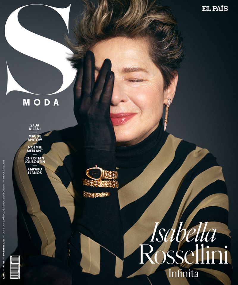 Isabella Rossellini cover photo for El País S Moda, portrait of smiling woman with short hair, dark gloves, gold bracelets and black-gold top.
