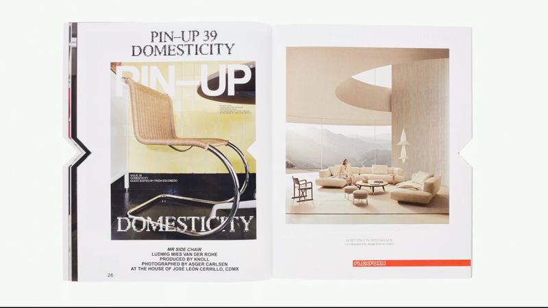 Magazine spread featuring an armchair on the left and a modern interior with seating on the right, showcasing minimalist design.