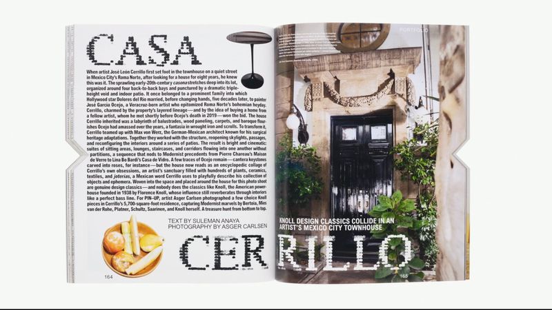 Architectural magazine spread featuring a Mexico City townhouse interior and exterior, with modern furniture and text overlay.