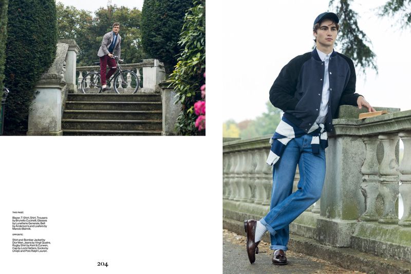 Two outdoor scenes feature male fashion: one on a bicycle, another leaning casually on a stone railing in jeans and a jacket.