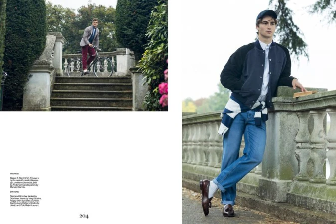Two outdoor scenes feature male fashion: one on a bicycle, another leaning casually on a stone railing in jeans and a jacket.