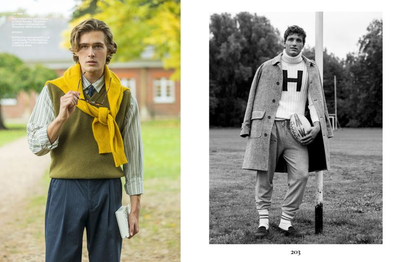 Two photos of men in academic or sports fashion: one wears a sweater vest and the other holds a rugby ball on a field.