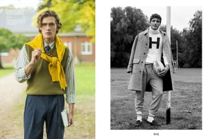 Editorial diptych of two men in collegiate menswear, one in an olive vest and yellow knit, the other holding a rugby ball.