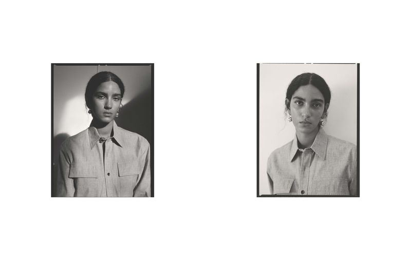 Black and white portrait of a woman wearing a button-down shirt and earrings, presented as two identical images in a split composition.