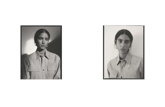 Black and white portrait of a woman wearing a button-down shirt and earrings, presented as two identical images in a split composition.