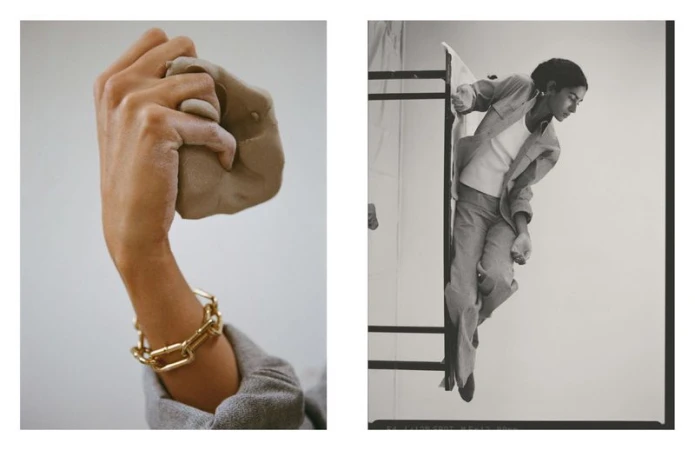 Artistic diptych features a hand manipulating clay, a gold bracelet, and a woman in a suit leaning against a ladder in monochrome.
