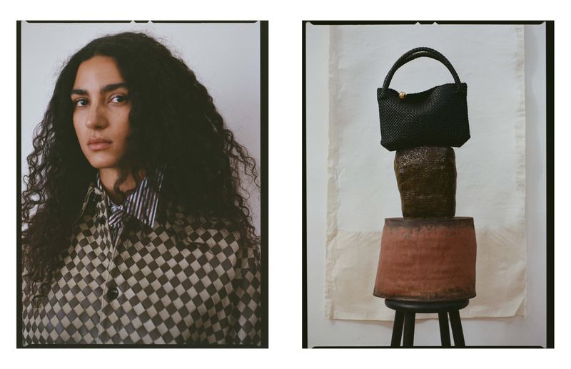 Split-screen fashion layout: woman with long hair in patterned jacket and a black handbag on stacked pottery against a white backdrop.