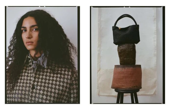 Split-screen fashion layout: woman with long hair in patterned jacket and a black handbag on stacked pottery against a white backdrop.