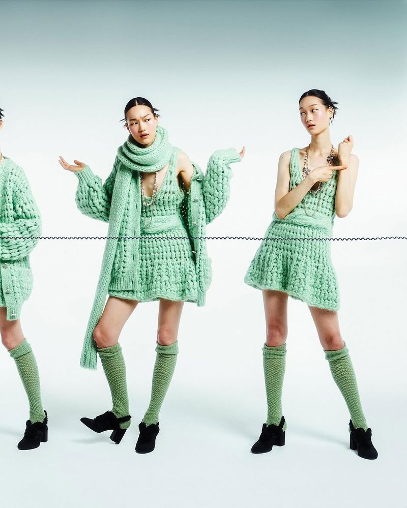 Three images of the same young adult woman posing in a knitted miniskirt and cardigan sweater with matching knee socks and black heels.