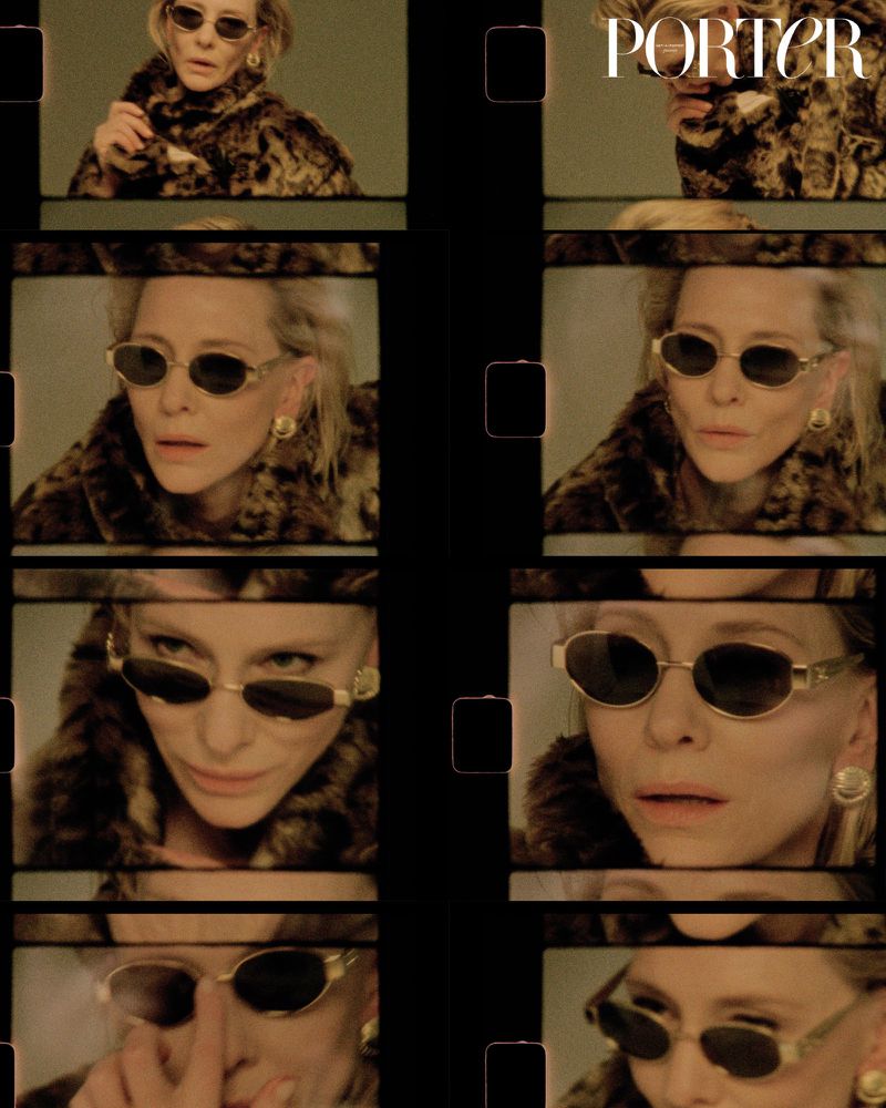Film strip image of a blonde woman in sunglasses and a fur coat; multiple frames show different angles and expressions, 'PORTER' text visible.