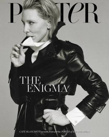 Black and white magazine cover featuring Cate Blanchett in a stylish leather jacket. The cover text reads 'Porter' and 'The Enigma'.