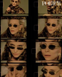 Cate Blanchett wearing sunglasses and patterned coat in multi-frame film strip layout for Porter Magazine