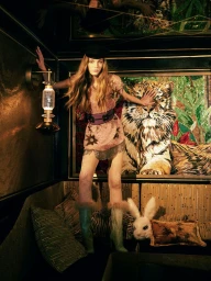 Model standing in a lavish room wearing a patterned dress and boots next to a tiger painting and a stuffed rabbit