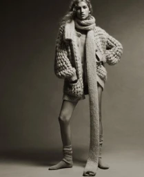 Apolline Rocco Fohrer wearing a chunky oversized knit cardigan and a floor-length knit scarf against a studio backdrop.