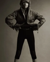 Model Apolline Rocco Fohrer posing with hands on hips wearing a hooded technical jacket and black leggings against a neutral backdrop.