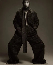 Model Apolline Rocco Fohrer wearing a dark textured knit suit and matching balaclava for Harper's Bazaar U.S.