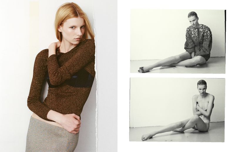 Studio shot of a fair-skinned fashion model in a brown top and grey skirt, posing next to two inset photos in a high-key setting.