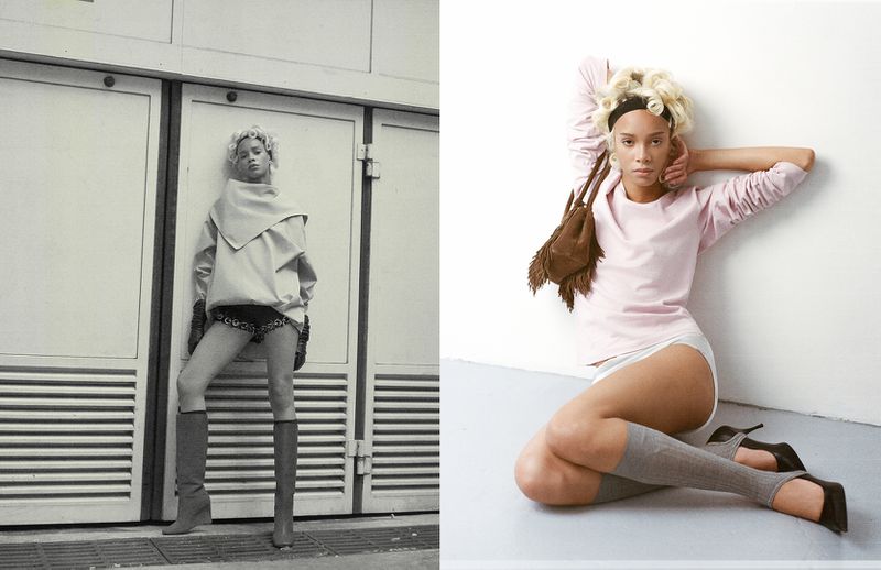 Two contrasting fashion portraits: woman in an oversized beige top and tall boots against a white door; woman in pink sweater and heels on floor.