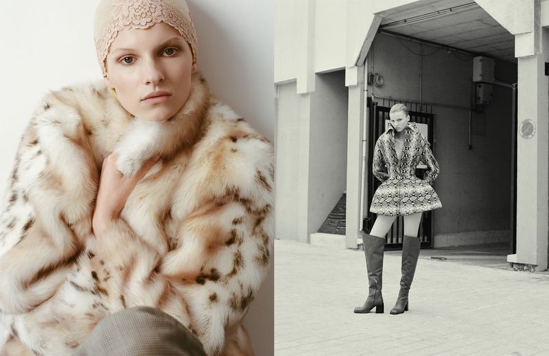 Two images: one of a woman wearing a fur coat and head covering and another of a woman in an outdoor setting wearing knee-high boots.