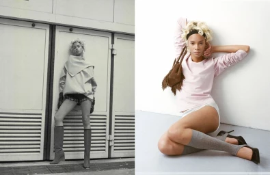 Fashion diptych featuring model Essoye Mombot in a pink top and grey socks beside a monochrome shot leaning against shutter doors.