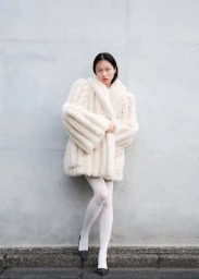 Model Yang Xiu Ling posing against a concrete wall wearing an oversized cream ribbed fur coat, white tights, and patterned heels.