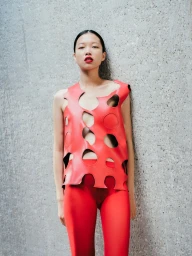Model wearing a red cut-out top and red trousers leaning against a textured concrete wall for Also Journal Parallel.