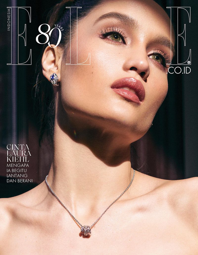 Elle Indonesia cover featuring a woman with soft makeup and jewelry, posing in a close-up studio shot with diffused lighting.