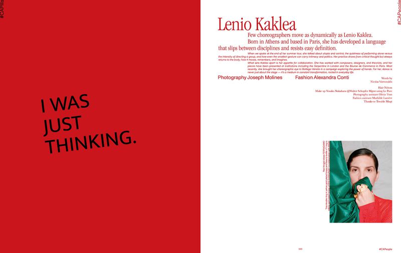 Fashion editorial spread featuring a portrait of Lenio Kaklea and bold red text on a white page, high contrast, contemporary design.