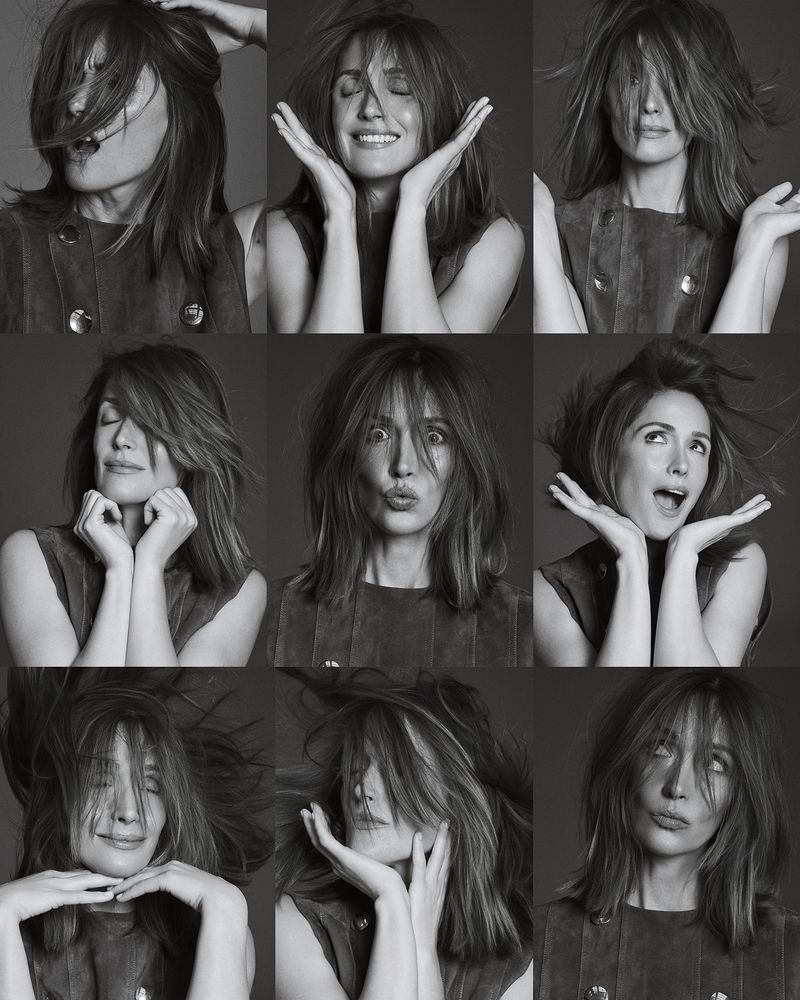 Black and white multiple portrait of an adult woman with shoulder-length hair in various poses and expressions on a grey background.