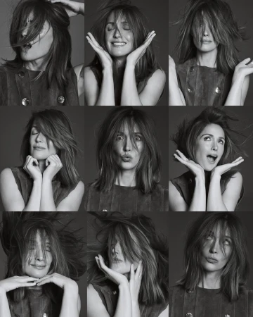 Black and white multiple portrait of an adult woman with shoulder-length hair in various poses and expressions on a grey background.
