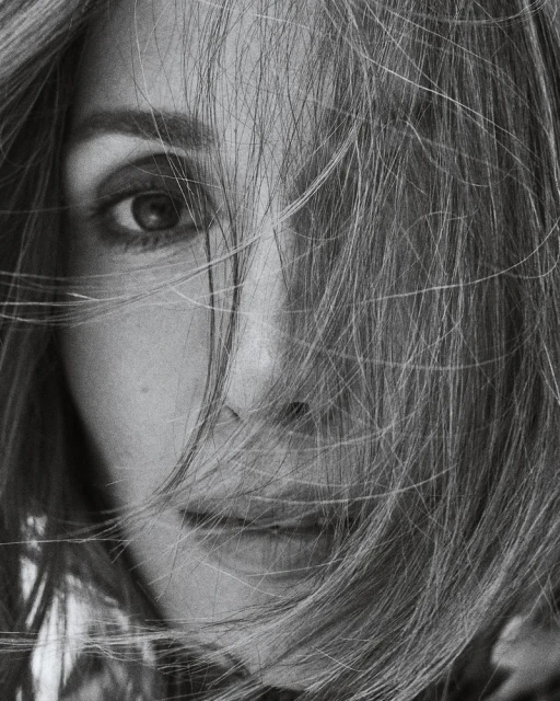 Close-up black and white portrait of an adult woman with fair skin and light hair partially obscuring her face and eye.