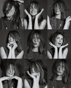 Nine-panel photographic grid featuring actress Rose Byrne displaying playful expressions against a dark background.