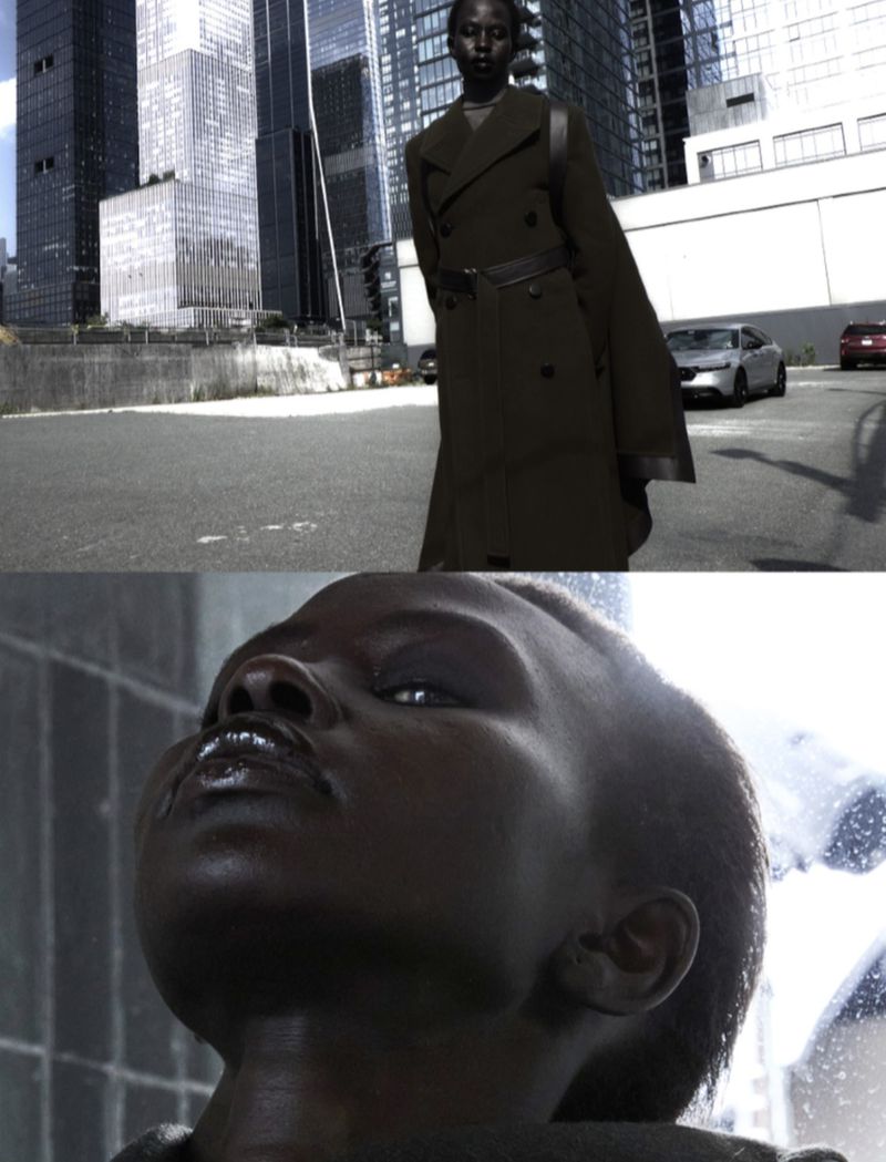 Fashion shot of a Black female model in a trench coat on a city street with skyscrapers, followed by a close-up beauty shot.